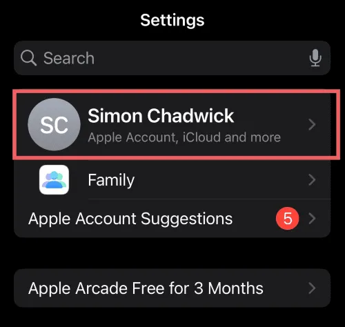 iPhone Settings screen showing Apple ID name at the top for accessing subscriptions